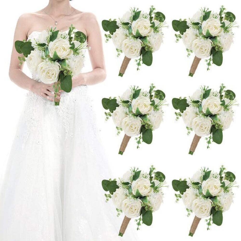 9633 Set of 6 Wedding Bridesmaid Bouquets - 7 Inch Ivory Artificial Flowers